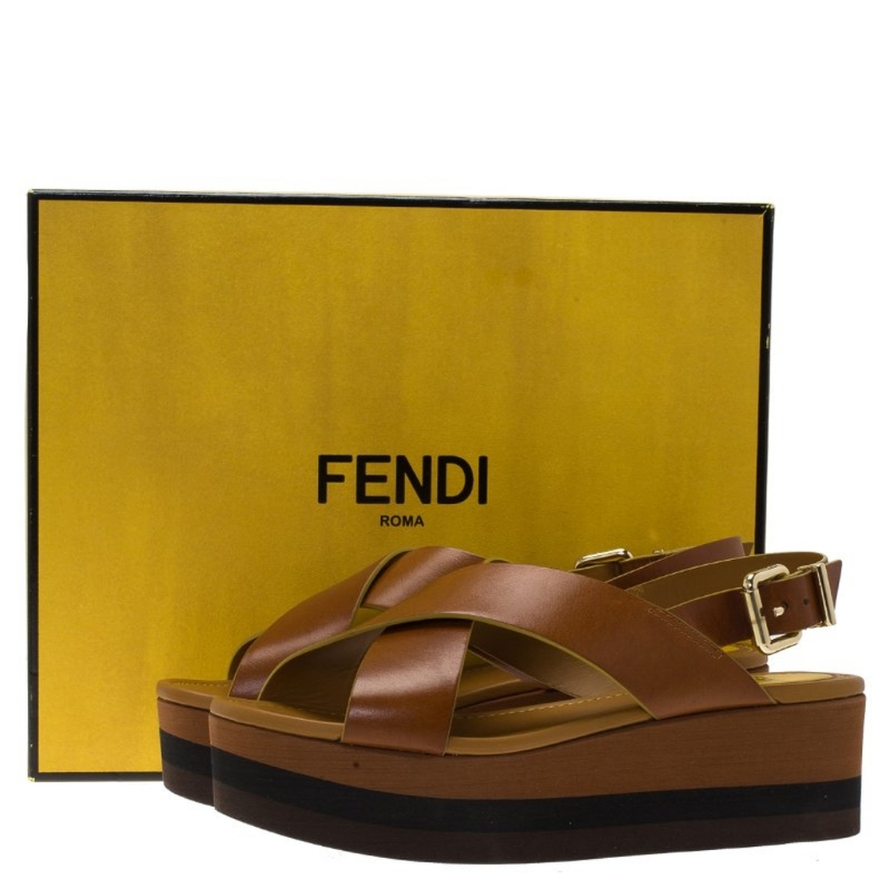 Fendi Brown Leather Claire Crisscross Platform Sandals Size 37